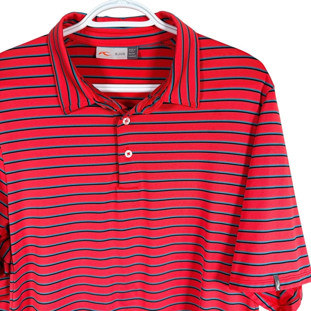KJUS Polo Shirt Mens M Red Striped‎ Short Sleeve Golf Performance Top Stretch